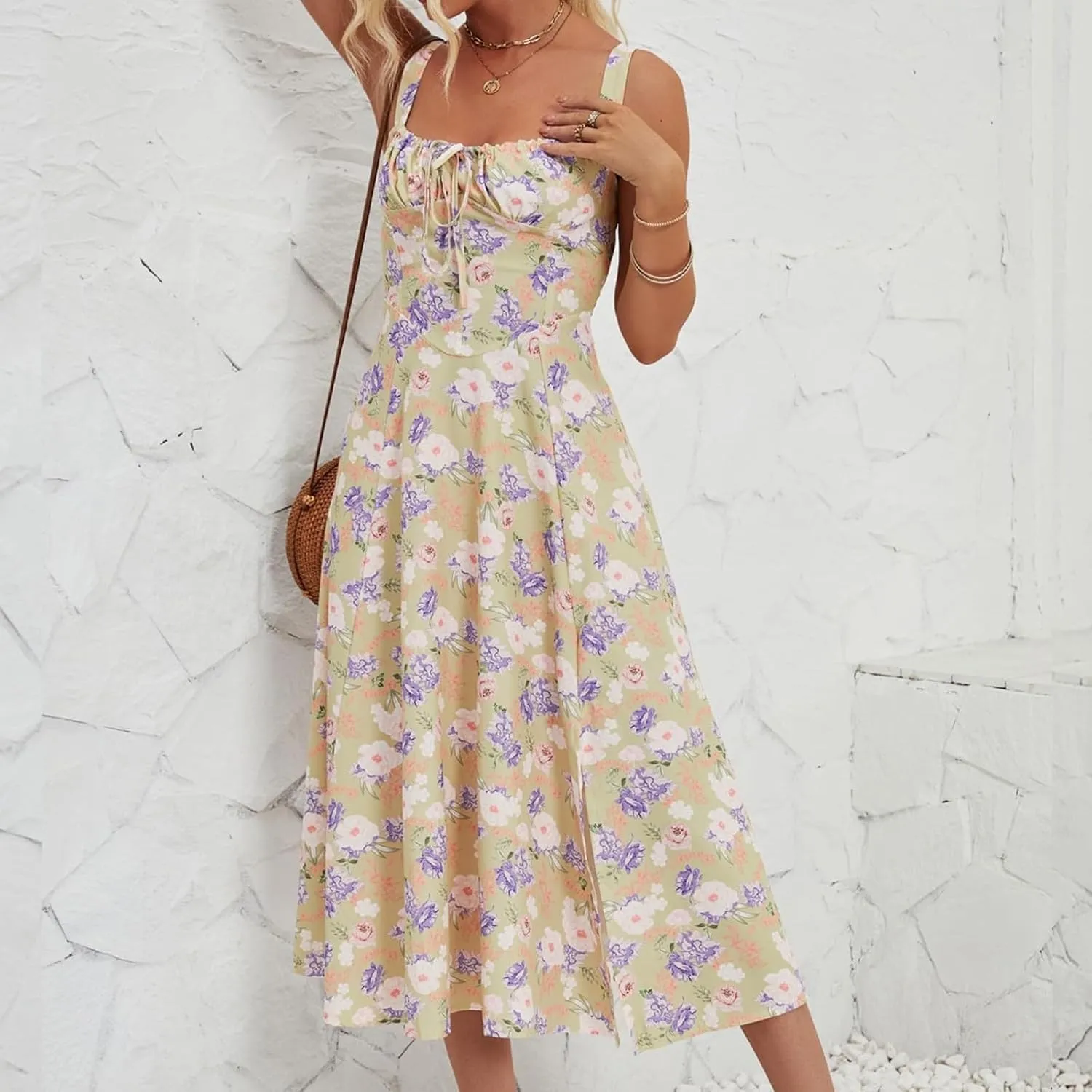 Women's Cami Midi Floral Dress Flowy Sundress Summer Beach Dresses Halter Side Slit Printed Vacation Long Skirts