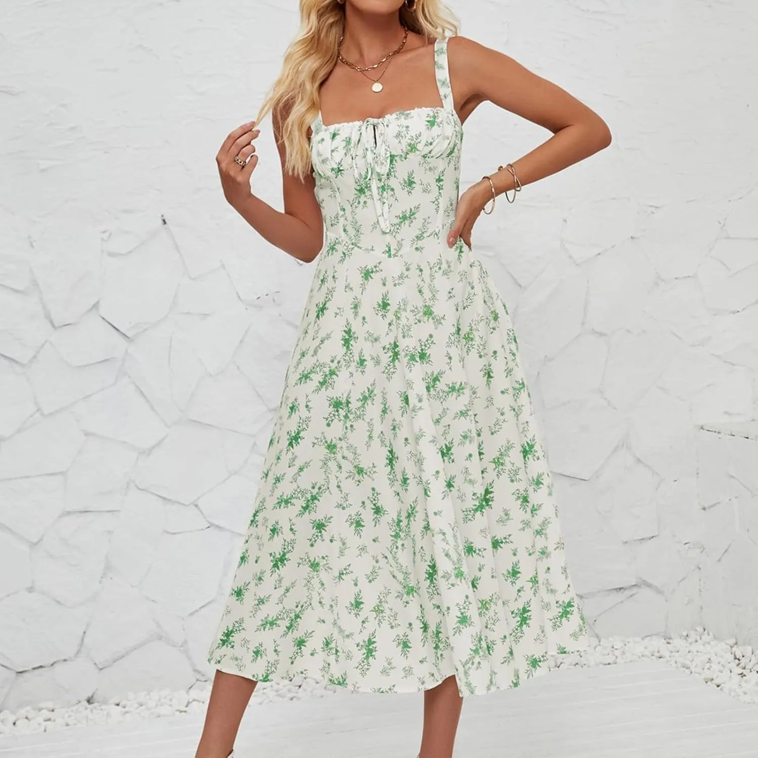 Women's Cami Midi Floral Dress Flowy Sundress Summer Beach Dresses Halter Side Slit Printed Vacation Long Skirts