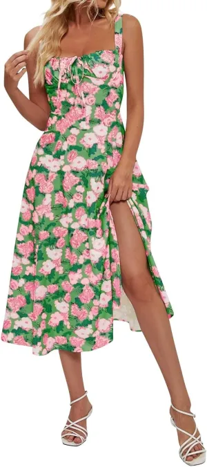 Women's Cami Midi Floral Dress Flowy Sundress Summer Beach Dresses Halter Side Slit Printed Vacation Long Skirts