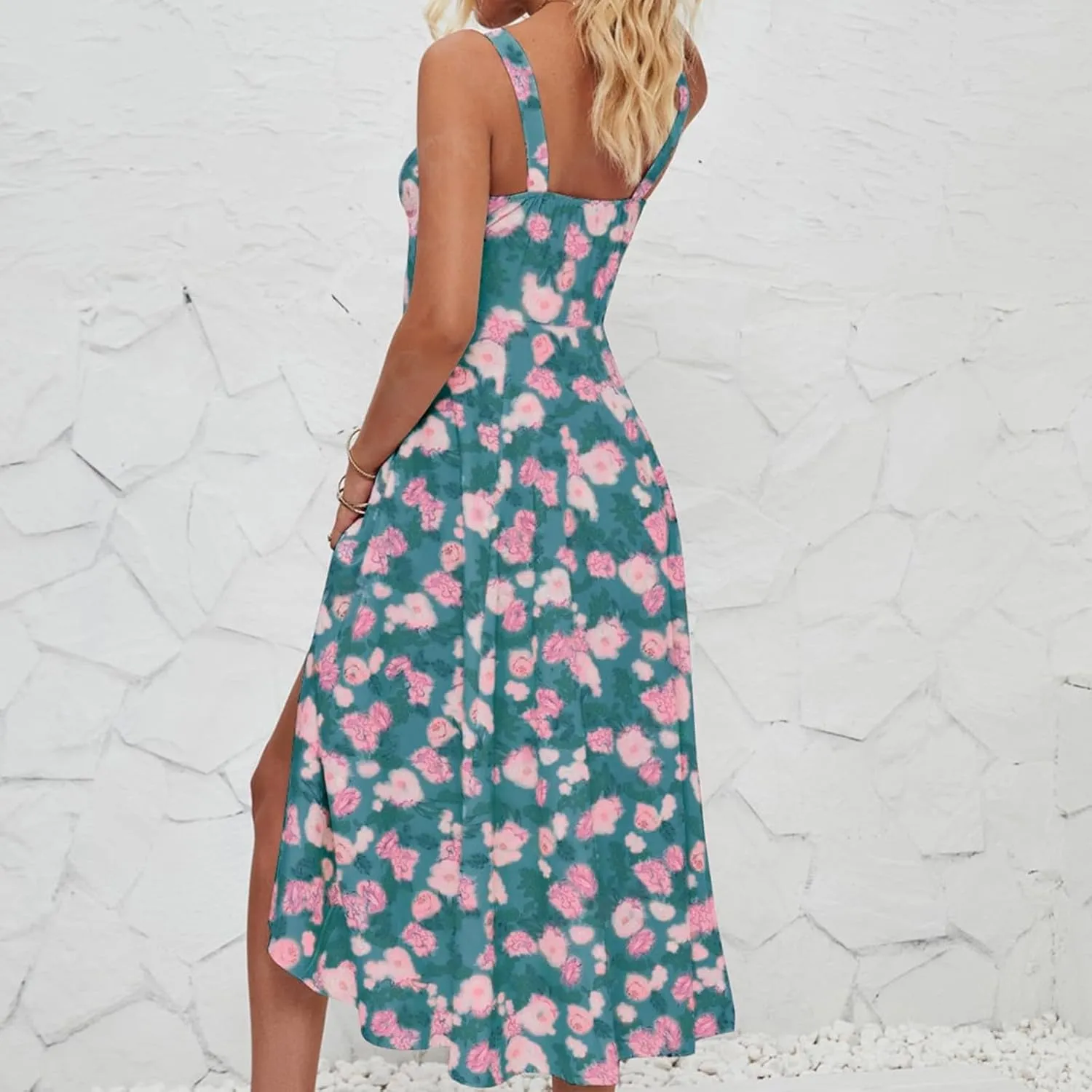 Women's Cami Midi Floral Dress Flowy Sundress Summer Beach Dresses Halter Side Slit Printed Vacation Long Skirts