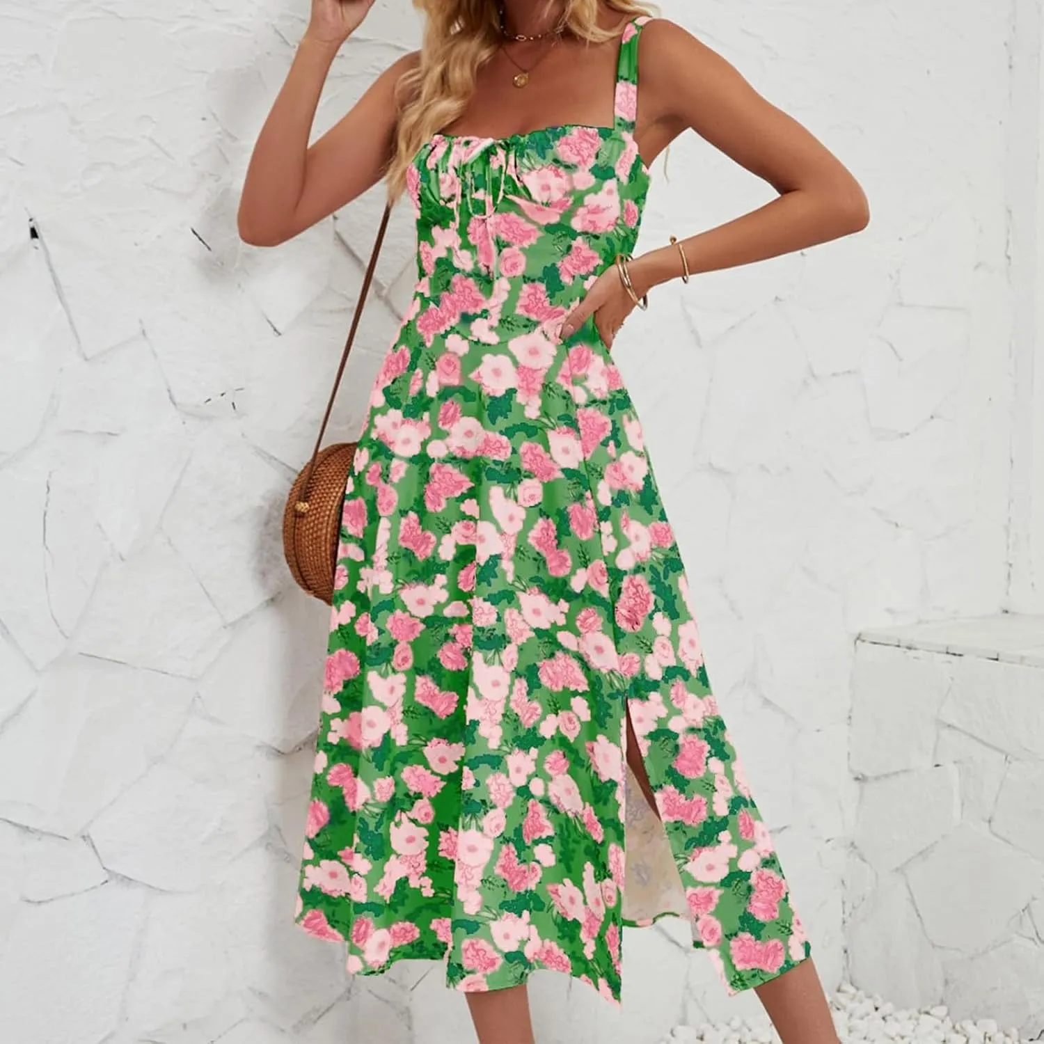 Women's Cami Midi Floral Dress Flowy Sundress Summer Beach Dresses Halter Side Slit Printed Vacation Long Skirts