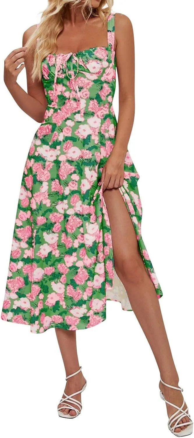 Women's Cami Midi Floral Dress Flowy Sundress Summer Beach Dresses Halter Side Slit Printed Vacation Long Skirts