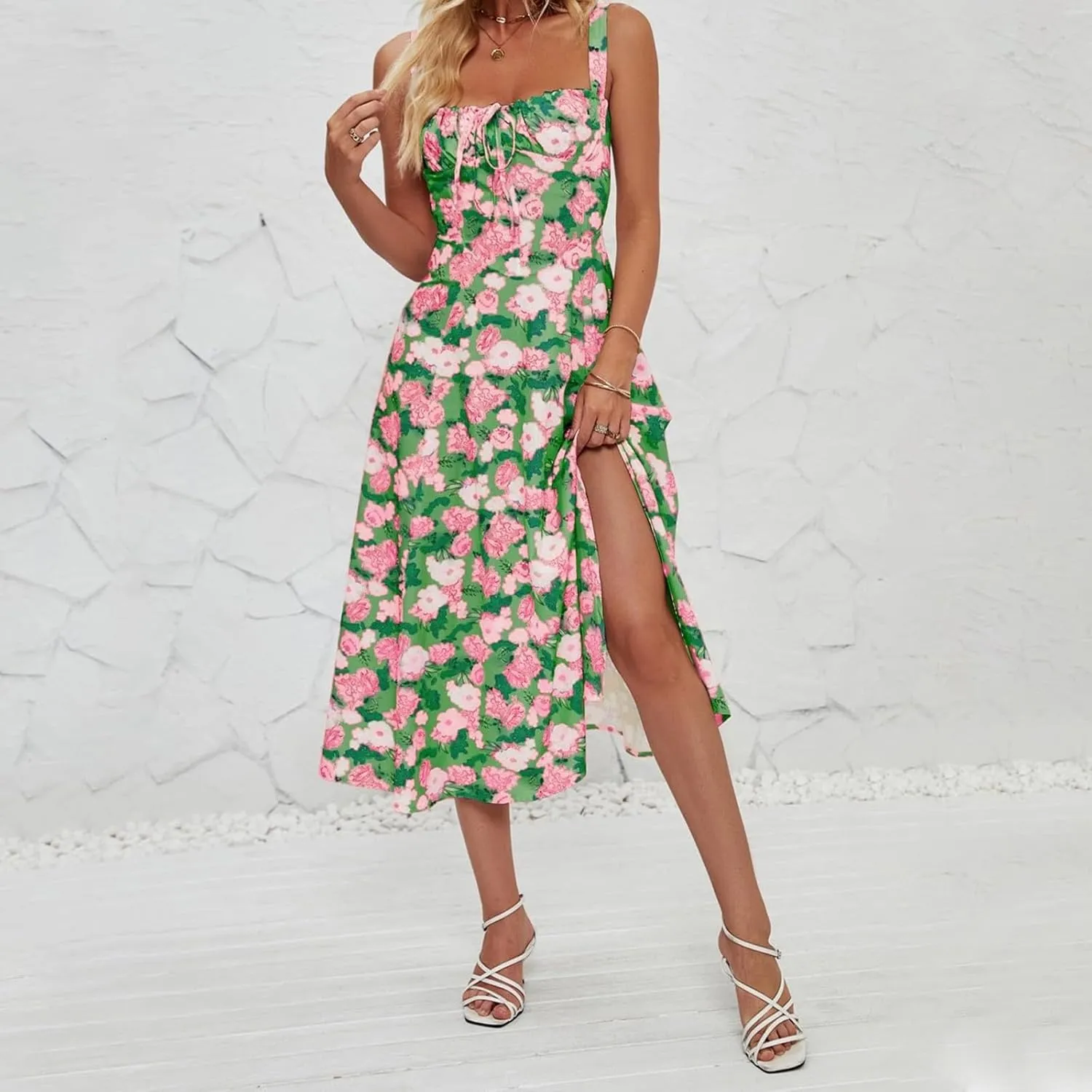 Women's Cami Midi Floral Dress Flowy Sundress Summer Beach Dresses Halter Side Slit Printed Vacation Long Skirts