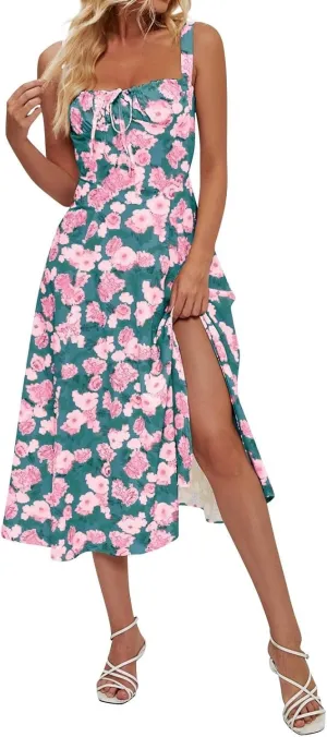 Women's Cami Midi Floral Dress Flowy Sundress Summer Beach Dresses Halter Side Slit Printed Vacation Long Skirts