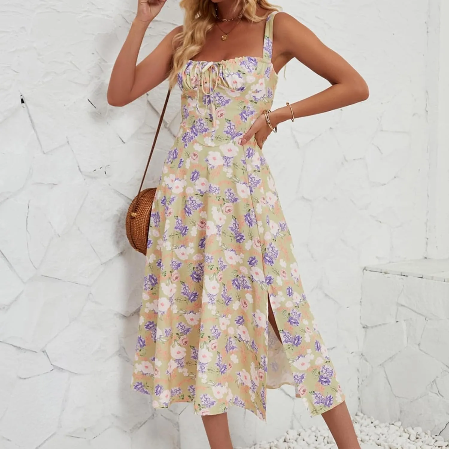 Women's Cami Midi Floral Dress Flowy Sundress Summer Beach Dresses Halter Side Slit Printed Vacation Long Skirts