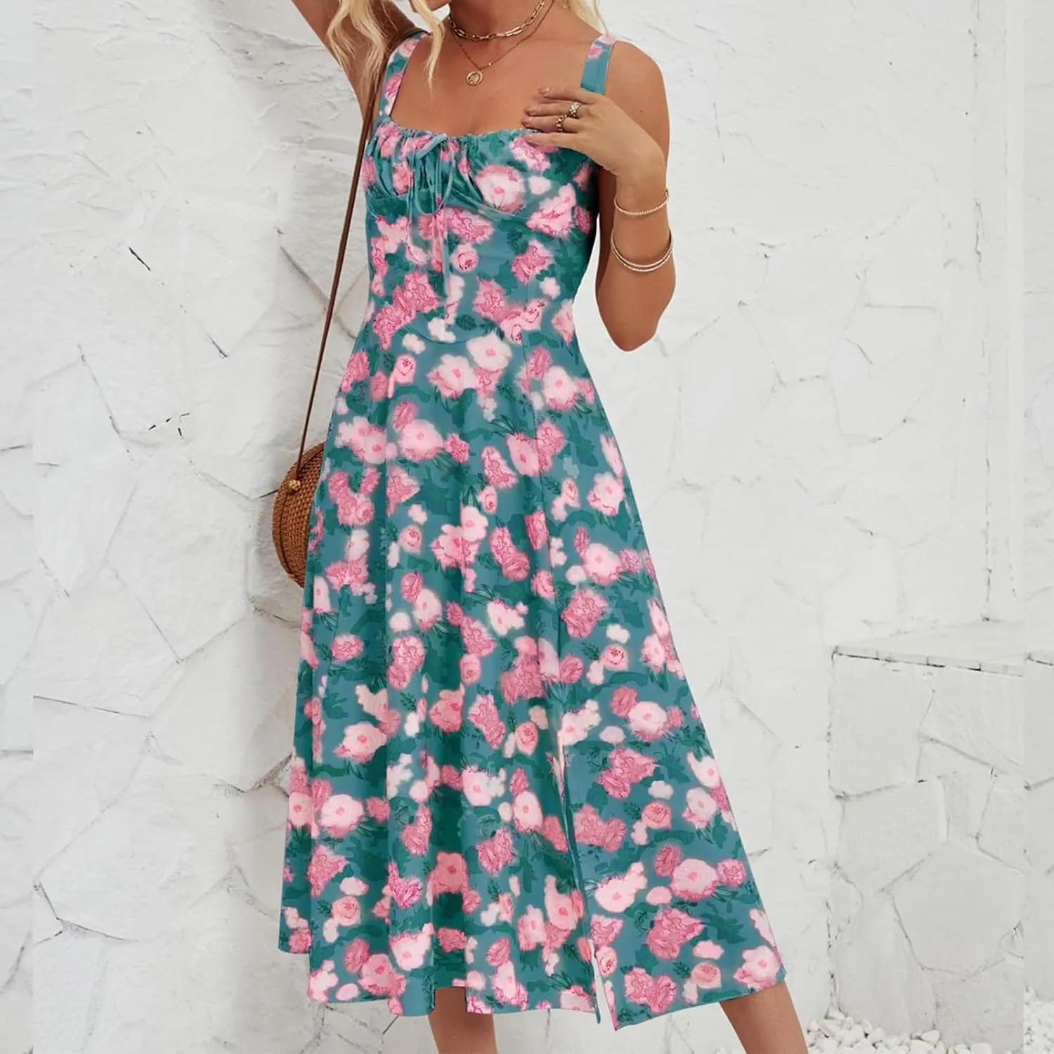 Women's Cami Midi Floral Dress Flowy Sundress Summer Beach Dresses Halter Side Slit Printed Vacation Long Skirts