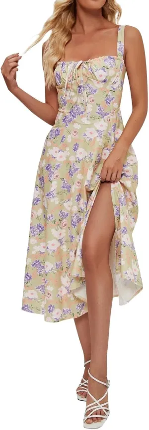 Women's Cami Midi Floral Dress Flowy Sundress Summer Beach Dresses Halter Side Slit Printed Vacation Long Skirts