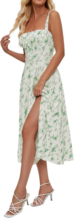 Women's Cami Midi Floral Dress Flowy Sundress Summer Beach Dresses Halter Side Slit Printed Vacation Long Skirts