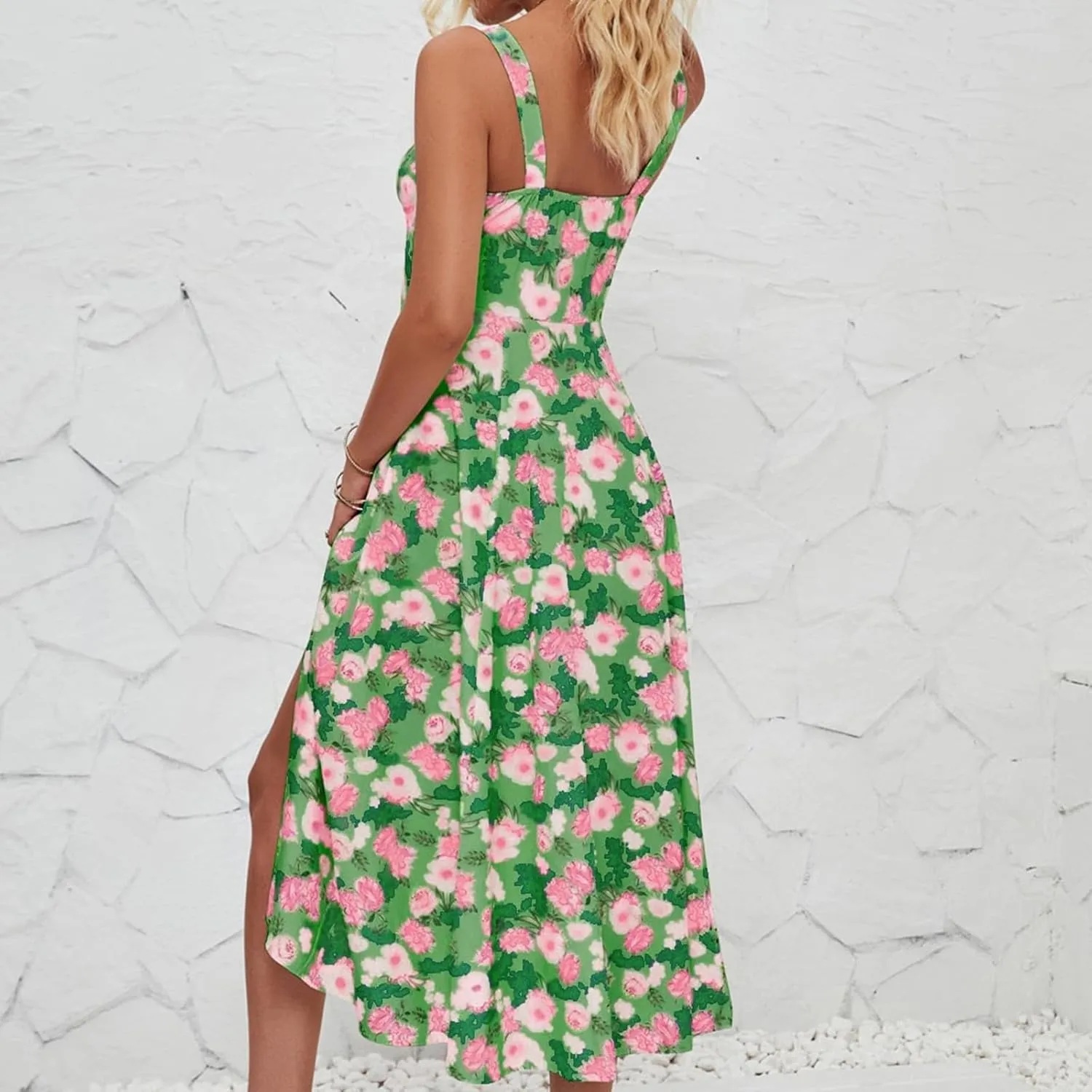 Women's Cami Midi Floral Dress Flowy Sundress Summer Beach Dresses Halter Side Slit Printed Vacation Long Skirts