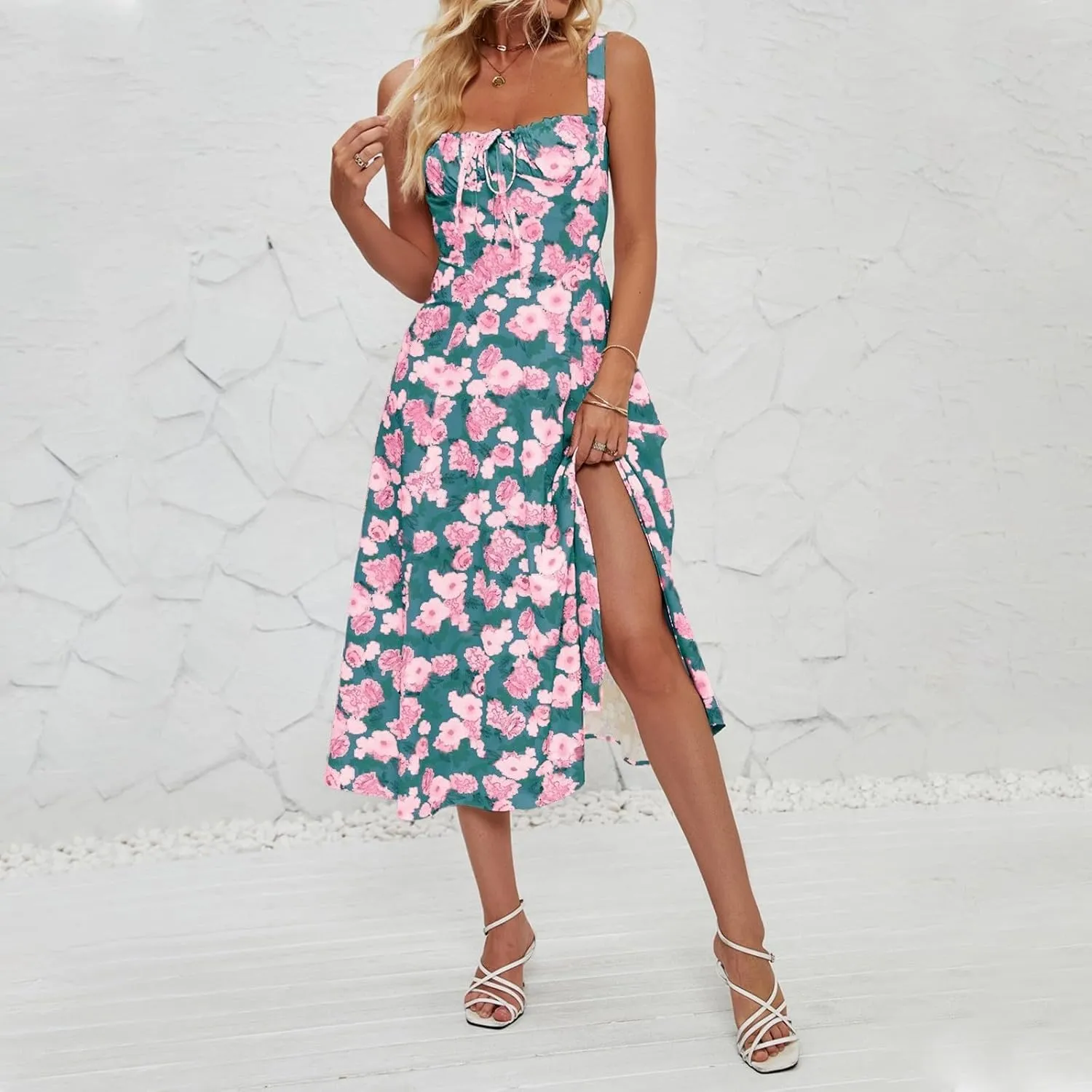 Women's Cami Midi Floral Dress Flowy Sundress Summer Beach Dresses Halter Side Slit Printed Vacation Long Skirts