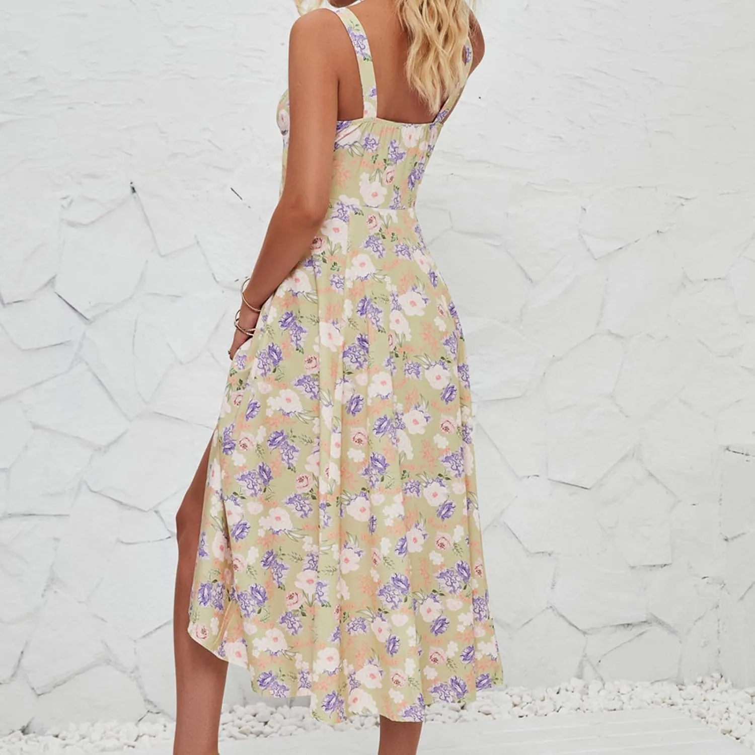 Women's Cami Midi Floral Dress Flowy Sundress Summer Beach Dresses Halter Side Slit Printed Vacation Long Skirts