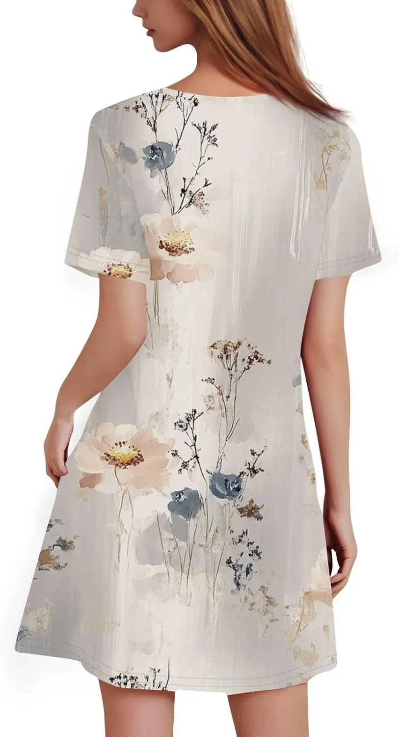 Women's Casual A-Line Dresses Summer Floral Tshirt Dress Short Sleeve Mini Dress Flowy Sundresses