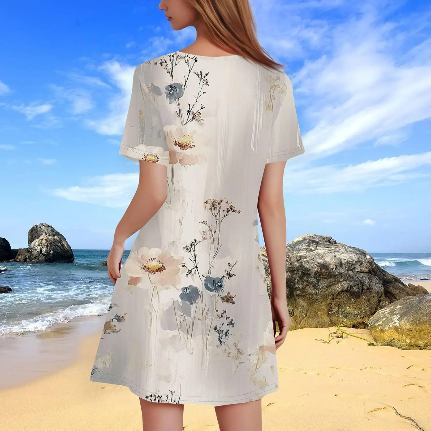 Women's Casual A-Line Dresses Summer Floral Tshirt Dress Short Sleeve Mini Dress Flowy Sundresses