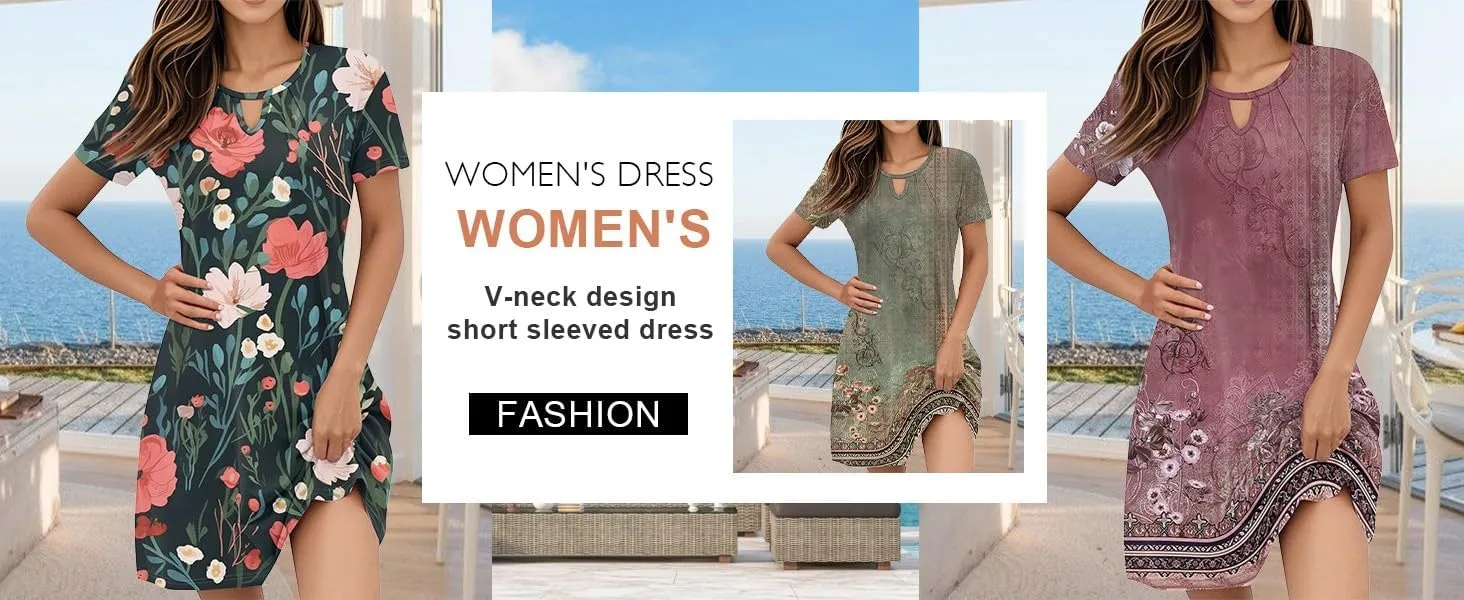 Women's Casual A-Line Dresses Summer Floral Tshirt Dress Short Sleeve Mini Dress Flowy Sundresses