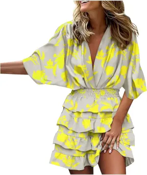 Women's Casual Dresses Summer Loose Trendy Short Sleeve V-Neck Floral Print Vacation Boho Midi Dress