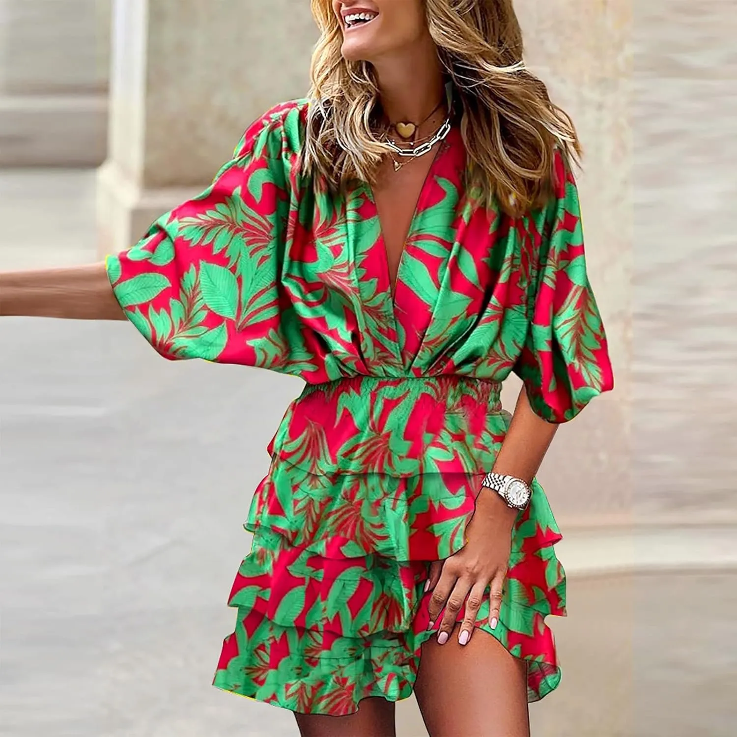 Women's Casual Dresses Summer Loose Trendy Short Sleeve V-Neck Floral Print Vacation Boho Midi Dress
