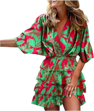 Women's Casual Dresses Summer Loose Trendy Short Sleeve V-Neck Floral Print Vacation Boho Midi Dress