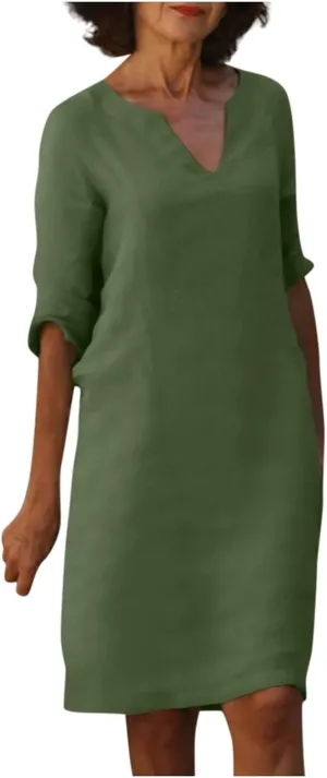 Women's Casual Dresses Summer Vintage Solid Color Print Cotton Linen Dress Fashion Casual V-Neck Half Sleeve Dress