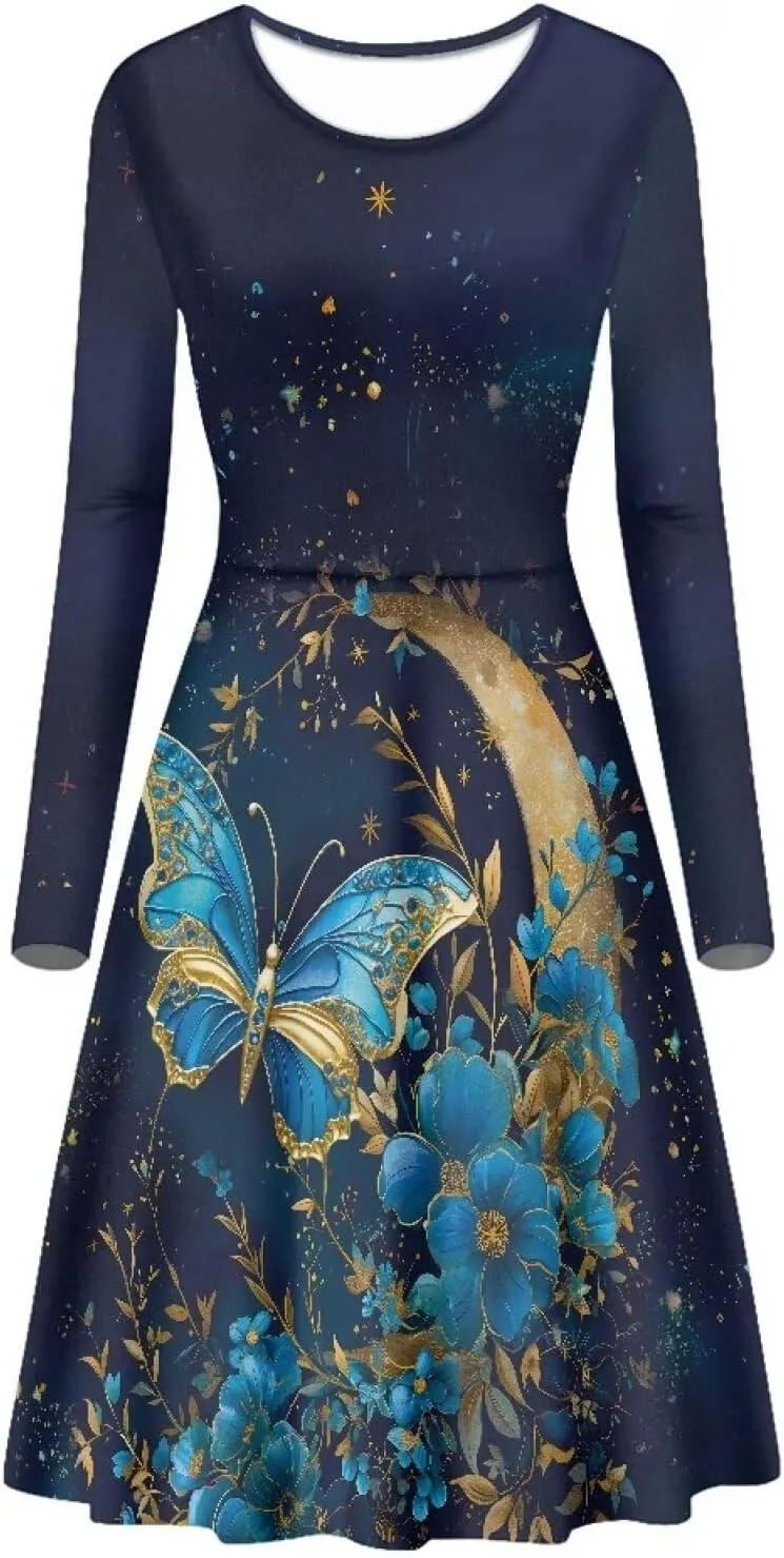 Womens Casual Fall Dresses Long Sleeve Round Neck Loose Flowy Oversized Swing Dress Lightweight Nightgowns S-4XL