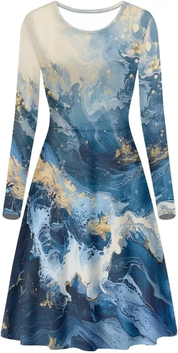 Womens Casual Fall Dresses Long Sleeve Round Neck Loose Flowy Oversized Swing Dress Lightweight Nightgowns S-4XL