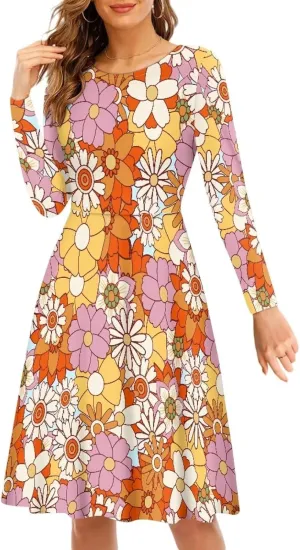 Womens Casual Fall Dresses Long Sleeve Round Neck Loose Flowy Oversized Swing Dress Lightweight Nightgowns S-4XL