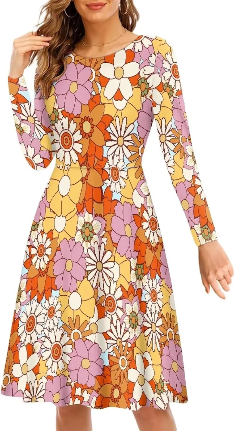 Womens Casual Fall Dresses Long Sleeve Round Neck Loose Flowy Oversized Swing Dress Lightweight Nightgowns S-4XL
