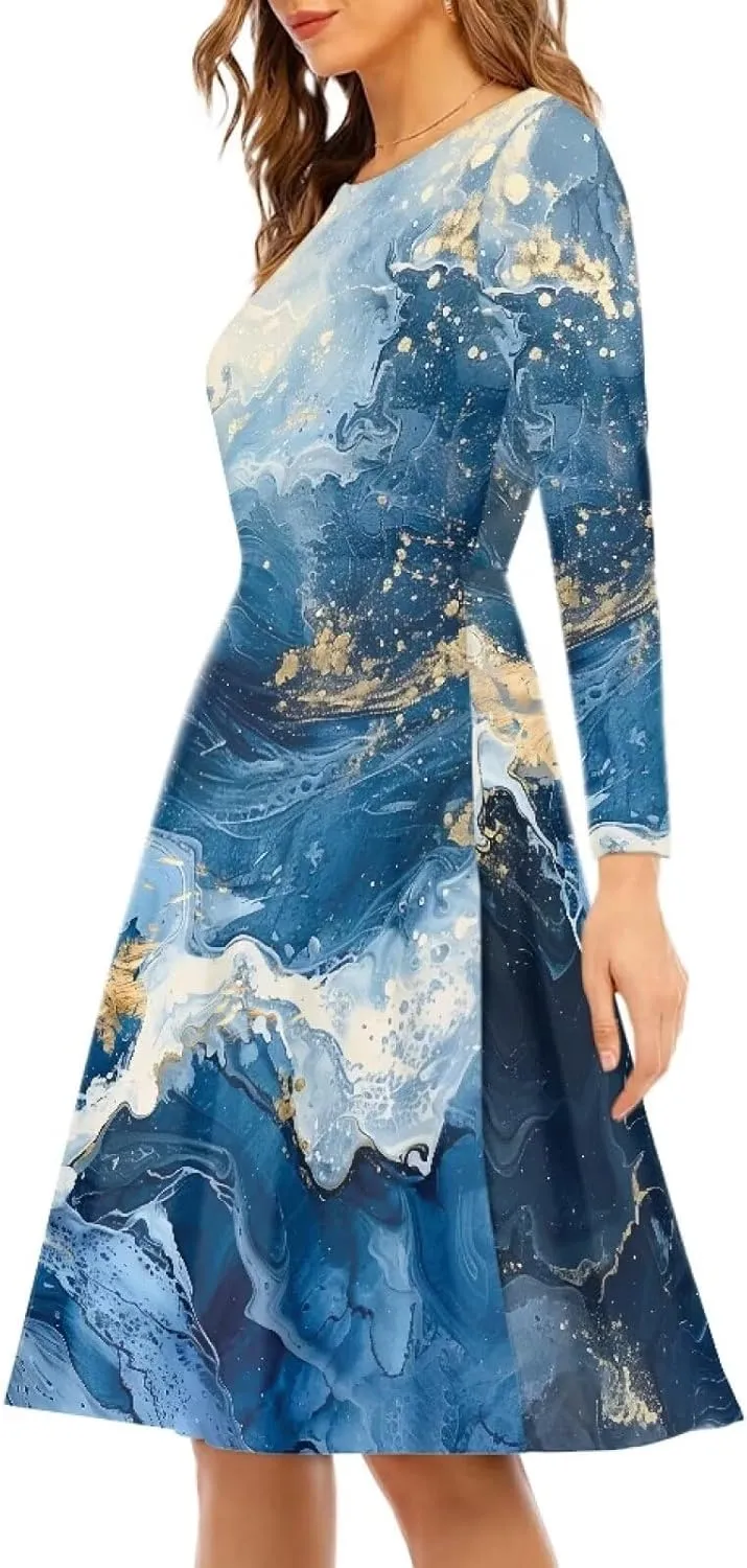 Womens Casual Fall Dresses Long Sleeve Round Neck Loose Flowy Oversized Swing Dress Lightweight Nightgowns S-4XL