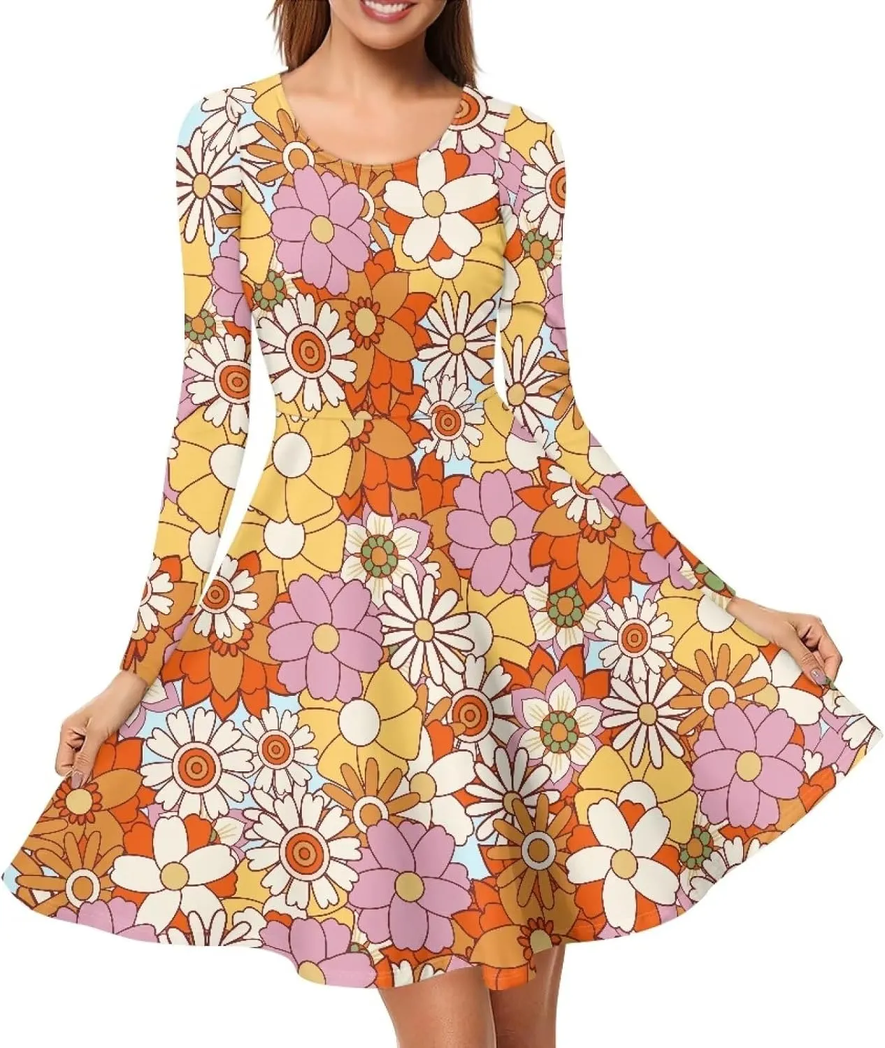 Womens Casual Fall Dresses Long Sleeve Round Neck Loose Flowy Oversized Swing Dress Lightweight Nightgowns S-4XL