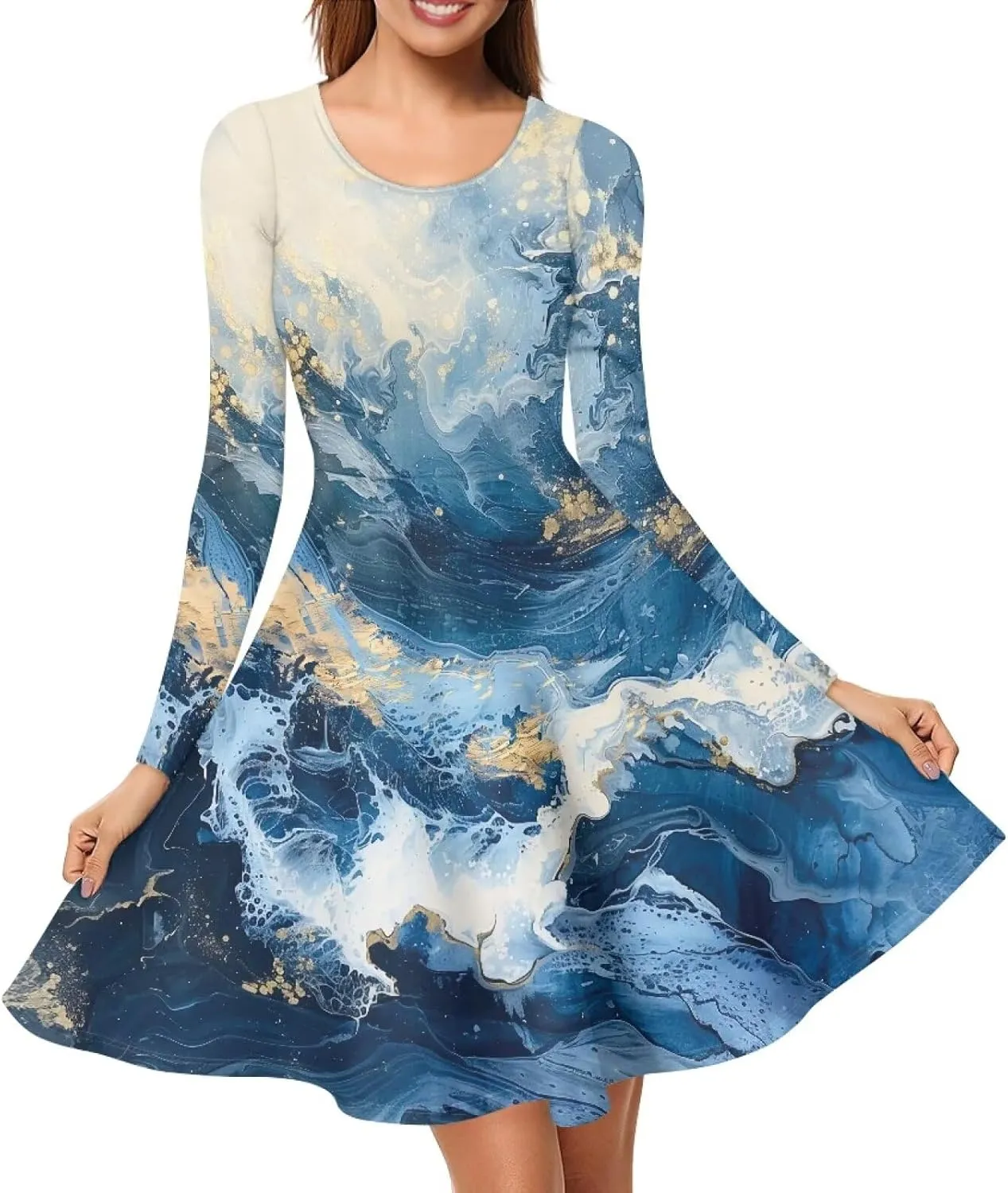 Womens Casual Fall Dresses Long Sleeve Round Neck Loose Flowy Oversized Swing Dress Lightweight Nightgowns S-4XL