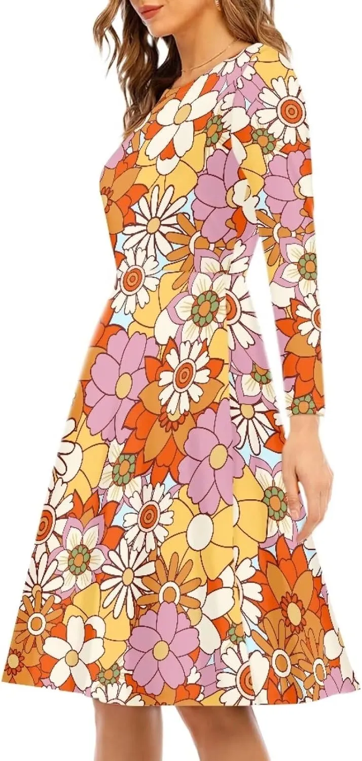 Womens Casual Fall Dresses Long Sleeve Round Neck Loose Flowy Oversized Swing Dress Lightweight Nightgowns S-4XL