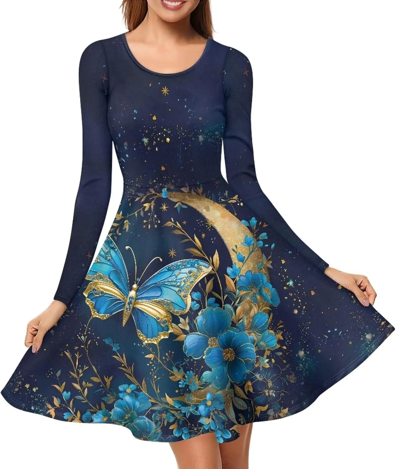 Womens Casual Fall Dresses Long Sleeve Round Neck Loose Flowy Oversized Swing Dress Lightweight Nightgowns S-4XL