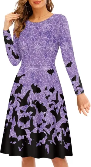 Womens Casual Fall Dresses Long Sleeve Round Neck Loose Flowy Oversized Swing Dress Lightweight Nightgowns S-4XL