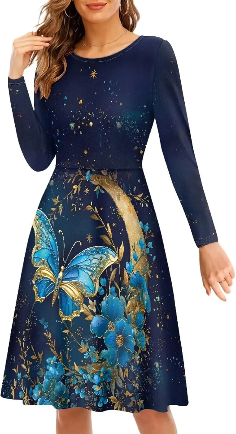 Womens Casual Fall Dresses Long Sleeve Round Neck Loose Flowy Oversized Swing Dress Lightweight Nightgowns S-4XL