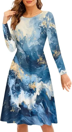 Womens Casual Fall Dresses Long Sleeve Round Neck Loose Flowy Oversized Swing Dress Lightweight Nightgowns S-4XL