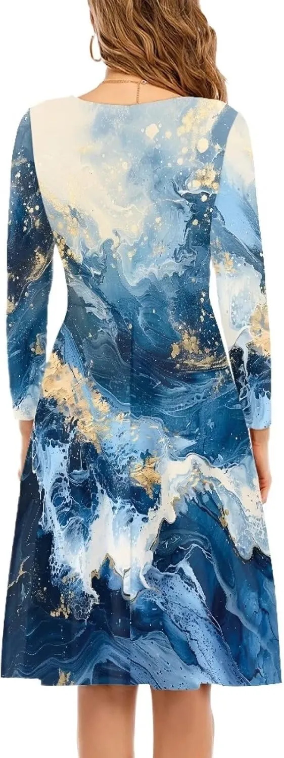 Womens Casual Fall Dresses Long Sleeve Round Neck Loose Flowy Oversized Swing Dress Lightweight Nightgowns S-4XL