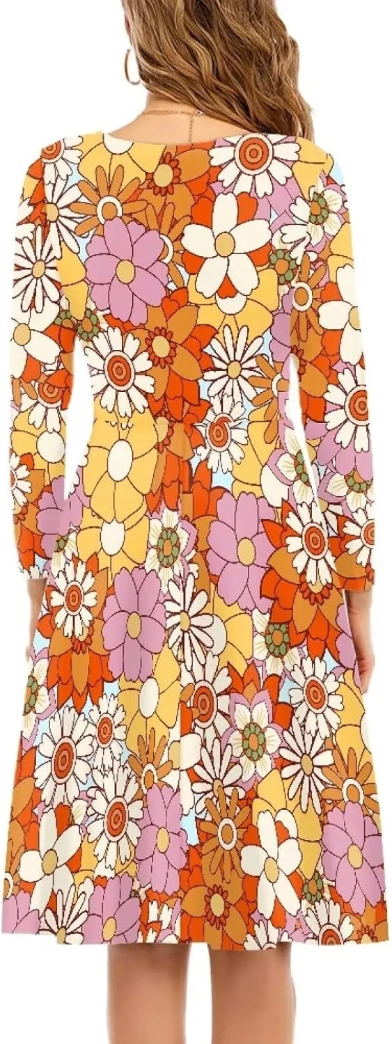 Womens Casual Fall Dresses Long Sleeve Round Neck Loose Flowy Oversized Swing Dress Lightweight Nightgowns S-4XL