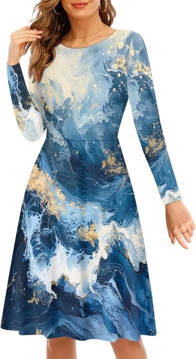 Womens Casual Fall Dresses Long Sleeve Round Neck Loose Flowy Oversized Swing Dress Lightweight Nightgowns S-4XL
