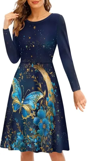 Womens Casual Fall Dresses Long Sleeve Round Neck Loose Flowy Oversized Swing Dress Lightweight Nightgowns S-4XL