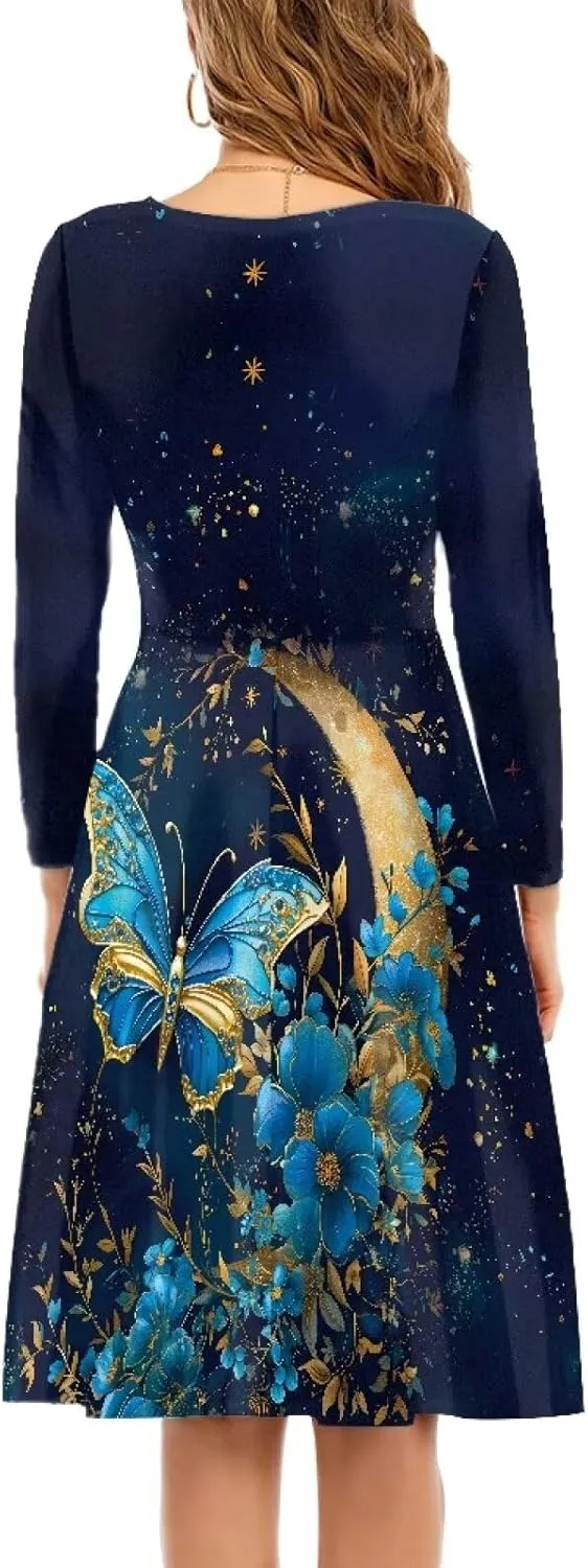 Womens Casual Fall Dresses Long Sleeve Round Neck Loose Flowy Oversized Swing Dress Lightweight Nightgowns S-4XL