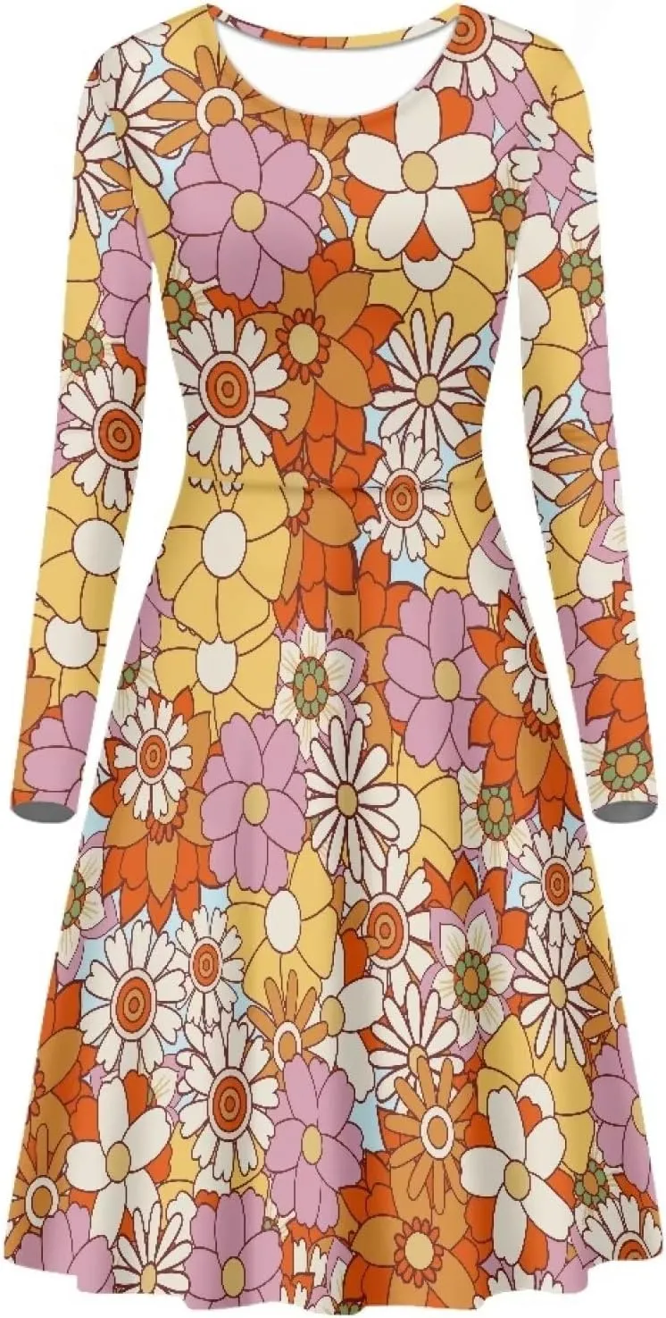 Womens Casual Fall Dresses Long Sleeve Round Neck Loose Flowy Oversized Swing Dress Lightweight Nightgowns S-4XL