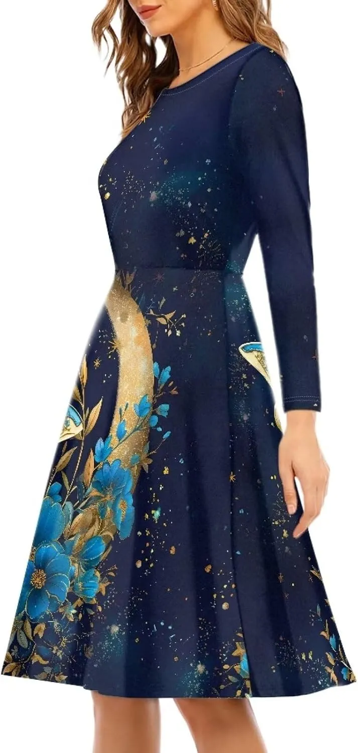 Womens Casual Fall Dresses Long Sleeve Round Neck Loose Flowy Oversized Swing Dress Lightweight Nightgowns S-4XL