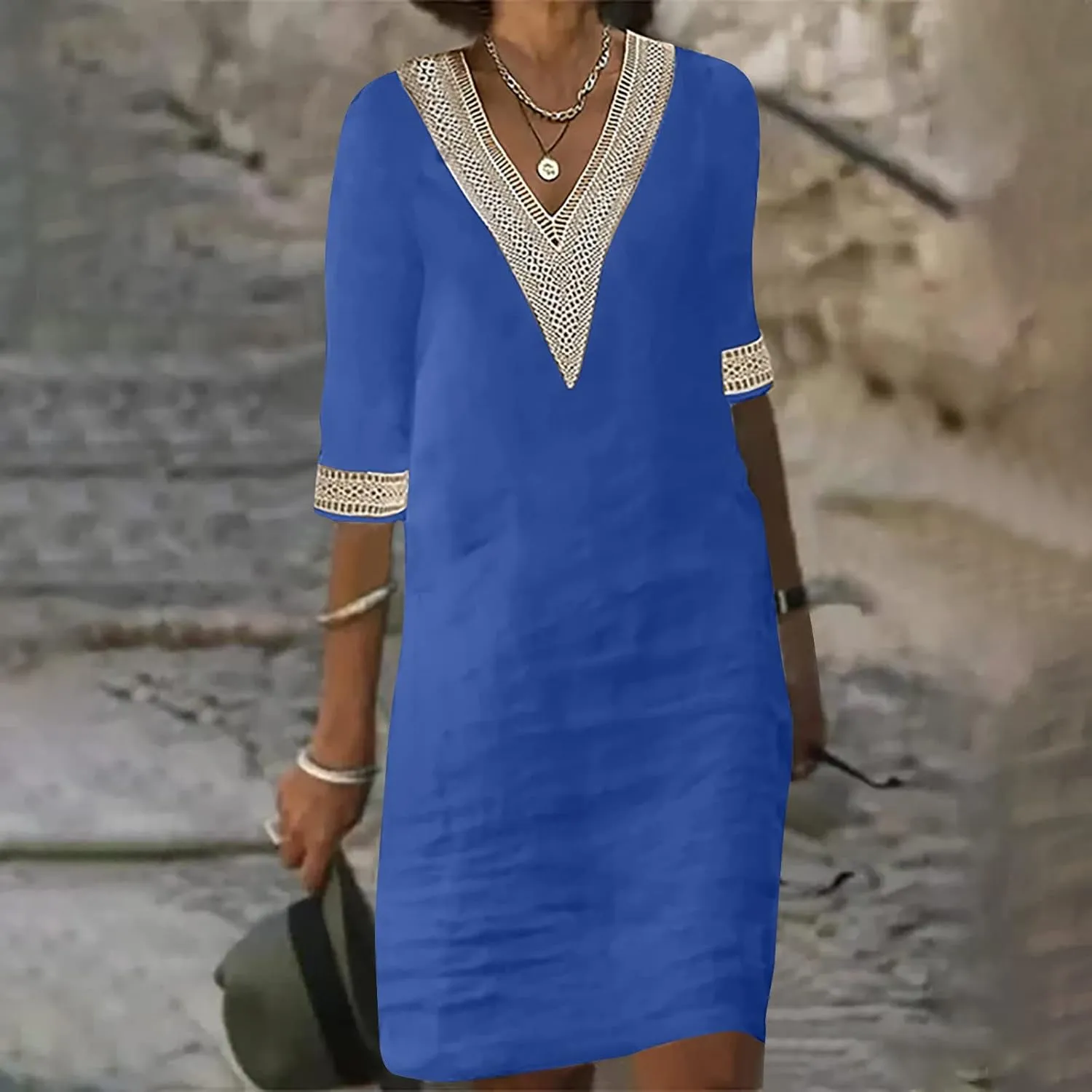 Women's Casual Summer Dresses Ruffle Sleeve V-Neck A-Line Party Dress Solid Color Spring Midi Sundress S-3XL