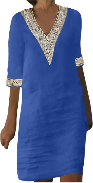 Women's Casual Summer Dresses Ruffle Sleeve V-Neck A-Line Party Dress Solid Color Spring Midi Sundress S-3XL