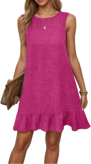 Women's Casual Summer Mini Tank Dress Sleeveless Tie Back Crew Neck Ruffle Hem Dresses Vacation Sundress