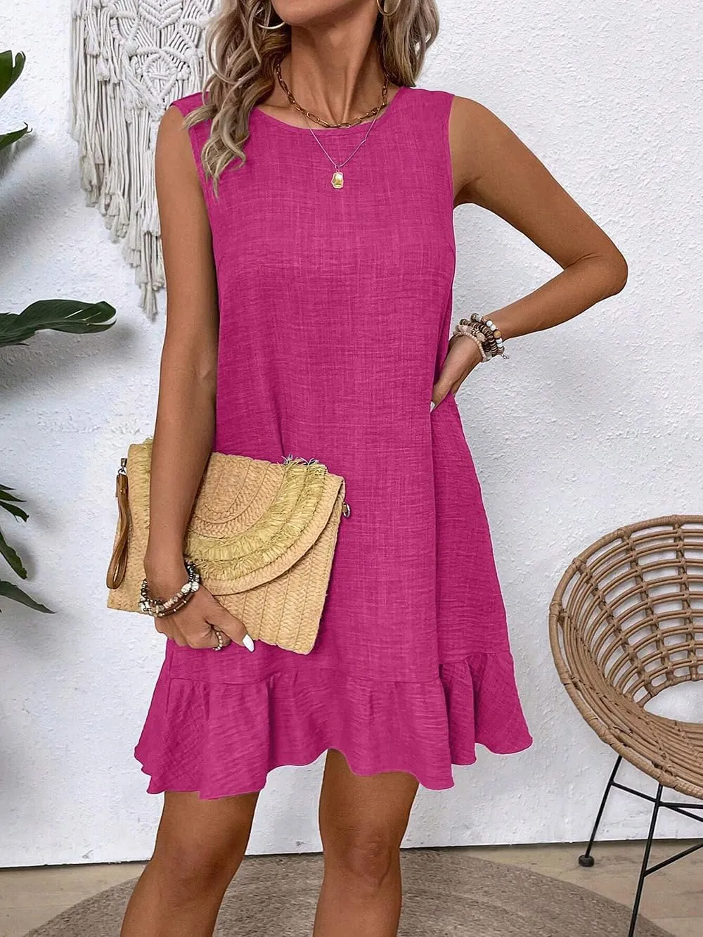 Women's Casual Summer Mini Tank Dress Sleeveless Tie Back Crew Neck Ruffle Hem Dresses Vacation Sundress