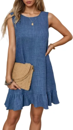 Women's Casual Summer Mini Tank Dress Sleeveless Tie Back Crew Neck Ruffle Hem Dresses Vacation Sundress
