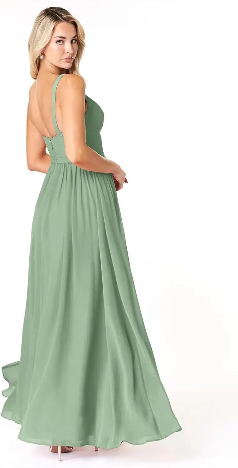 Women's Chiffon Bridesmaid Dresses Long Spaghetti Straps V Neck Ruched A Line Formal Dress