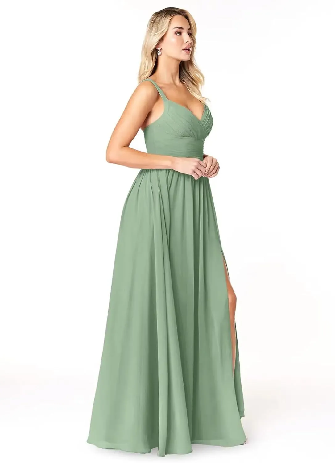 Women's Chiffon Bridesmaid Dresses Long Spaghetti Straps V Neck Ruched A Line Formal Dress