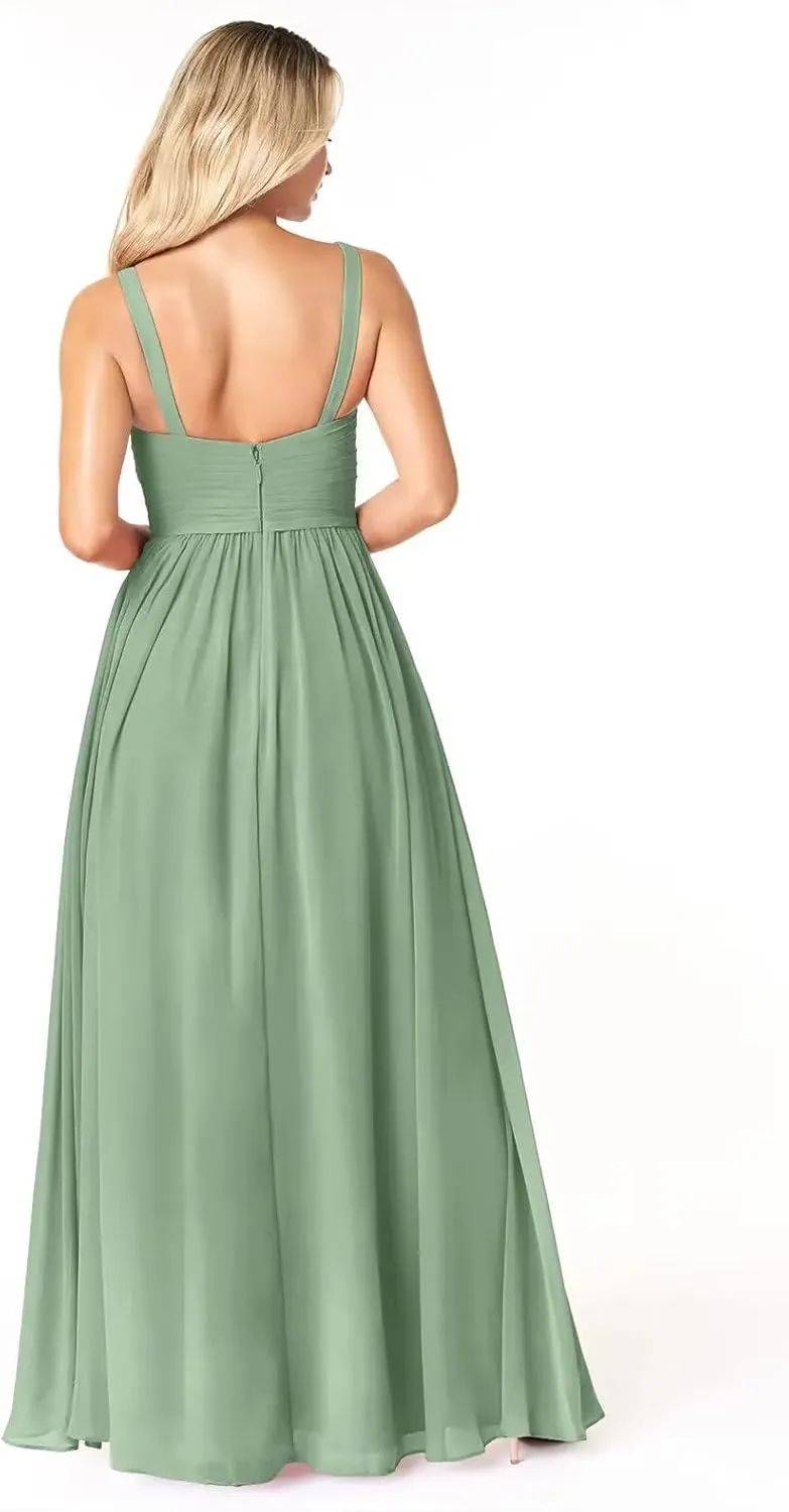 Women's Chiffon Bridesmaid Dresses Long Spaghetti Straps V Neck Ruched A Line Formal Dress