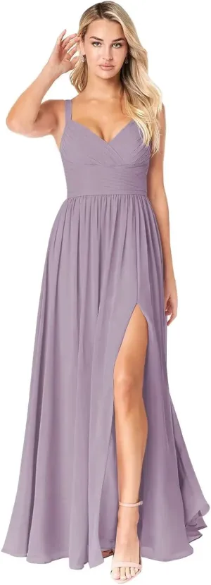Women's Chiffon Bridesmaid Dresses Long Spaghetti Straps V Neck Ruched A Line Formal Dress